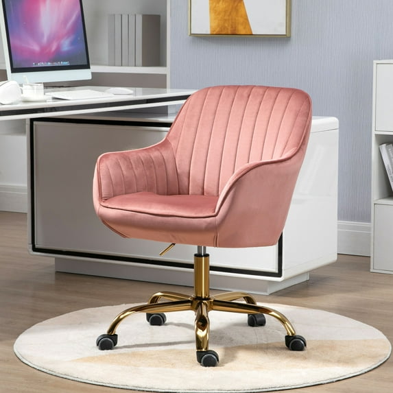 360° Swivel Desk Chair,Upholstered Boucle Home Office Task Chair With High Back,Armrest and Golden Base,Height Adjustable Computer Chair Vanity Chair for Living Room,Pink