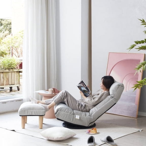REHOUSING Mid-Century Modern Linen Adjustable Recliner 360° Swivel and Adjustable Floor Chair with Ottoman, Gray