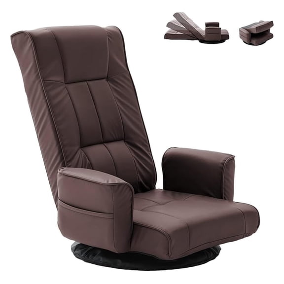 360 Swivel Gaming Floor Chair with Armrests 14-Position Adjustable Folding Floor Sofa Lounger, Padded Backrest, Multi-Angle Recline for Home, Living Room & Office (Brown)