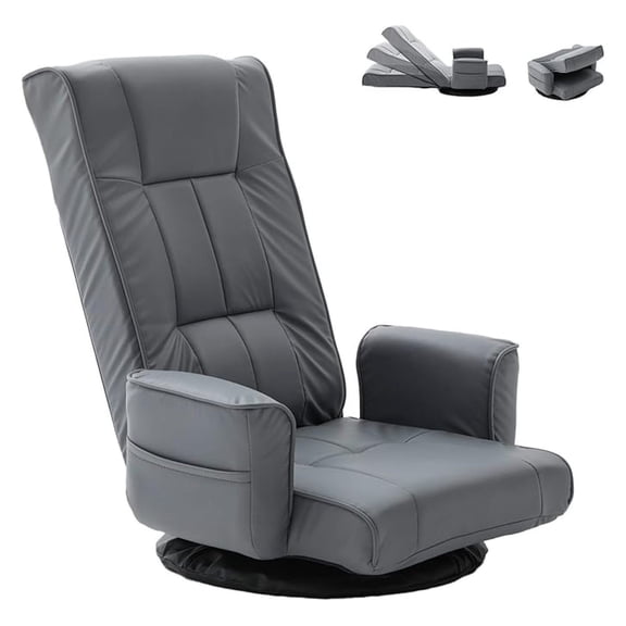 360 Swivel Gaming Floor Chair with Armrests 14-Position Adjustable Folding Floor Sofa Lounger, Padded Backrest, Multi-Angle Recline for Home, Living Room & Office (Grey)