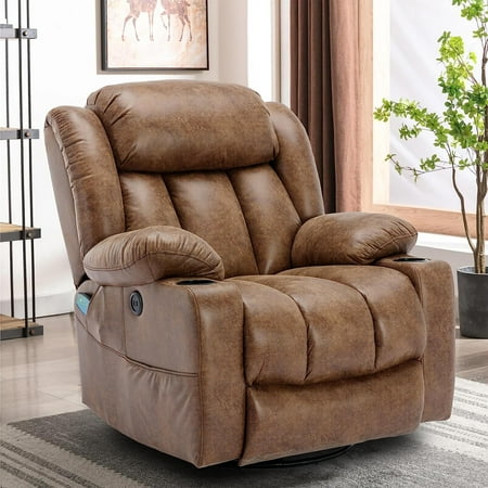 360° Swivel Glider Rocking Recliner Chair, Overstuffed Manual Massage Recliner with Vibration and Heat, Modern Single Sofa Home Theater Seating for Living Room, USB Ports/Cup Holders (Brown)