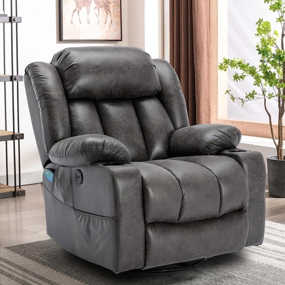 360° Swivel Glider Rocking Recliner Chair, Overstuffed Manual Massage Recliner with Vibration and Heat, Modern Single Sofa Home Theater Seating for Living Room, USB Ports/Cup Holders (Grey)