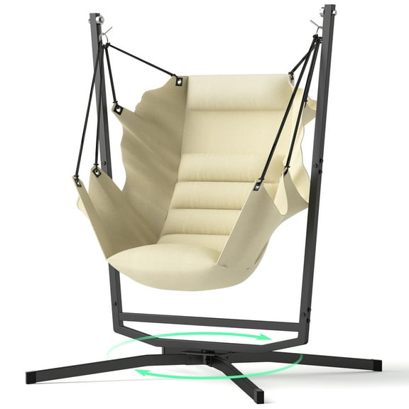 360° Swivel Hammock Swing Chair with Stand, Comfortable Hanging Chair with Cushions - Beige