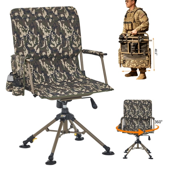 360° Swivel Hunting Chair, Silent Folding Portable Blind Seat with 4 adjustable legs & seat height, folding design, anti-sink feet, armrests, supports 330lbs