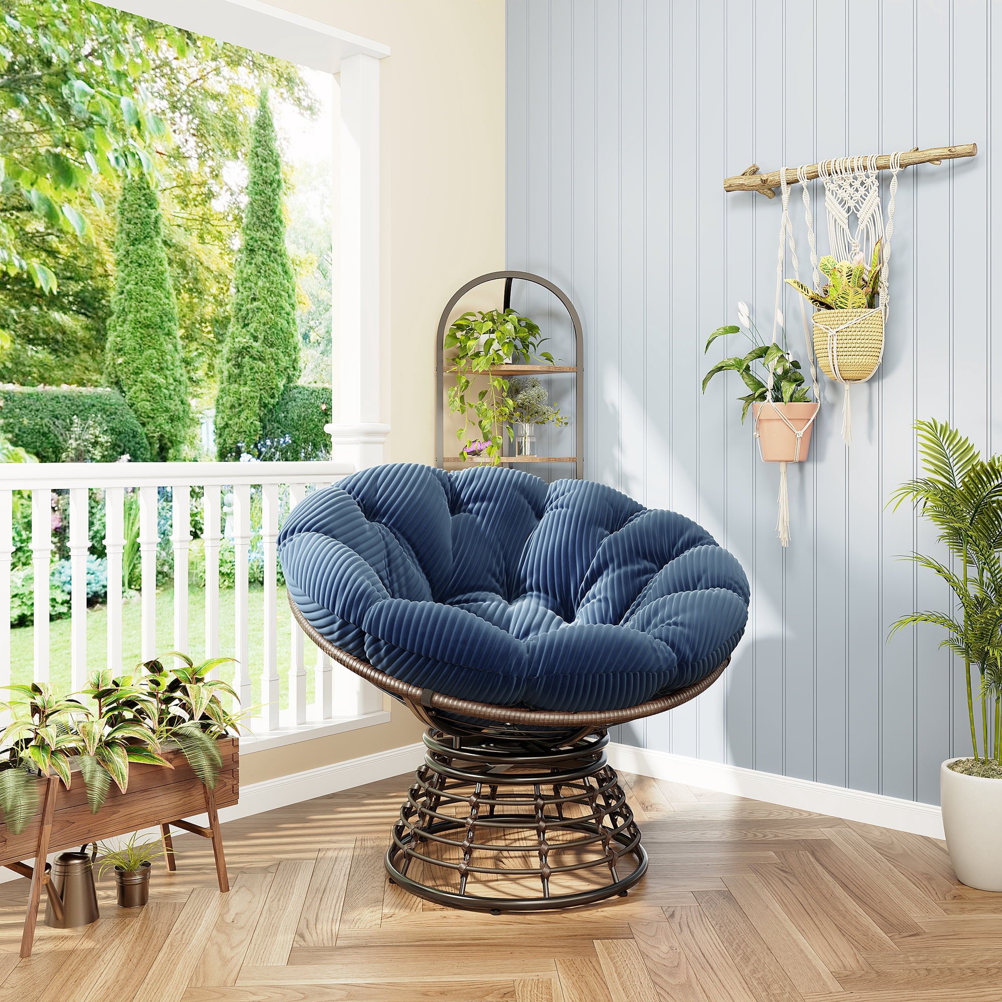 360° Swivel Indoor Outdoor Rattan Chair with Soft Thick Cushion, Ideal for Living Room, Bedroom, Reading Room, Brown Frame with Beige Cushion&nbsp;