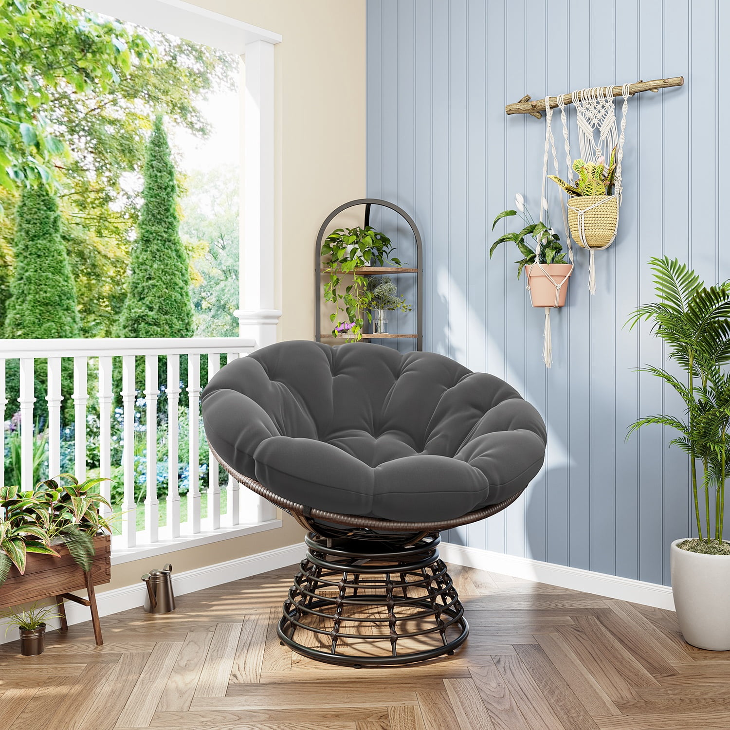 360° Swivel Indoor Outdoor Rattan Chair with Soft Thick Cushion, Ideal for Living Room, Bedroom, Reading Room, Brown Frame with Beige Cushion&nbsp;