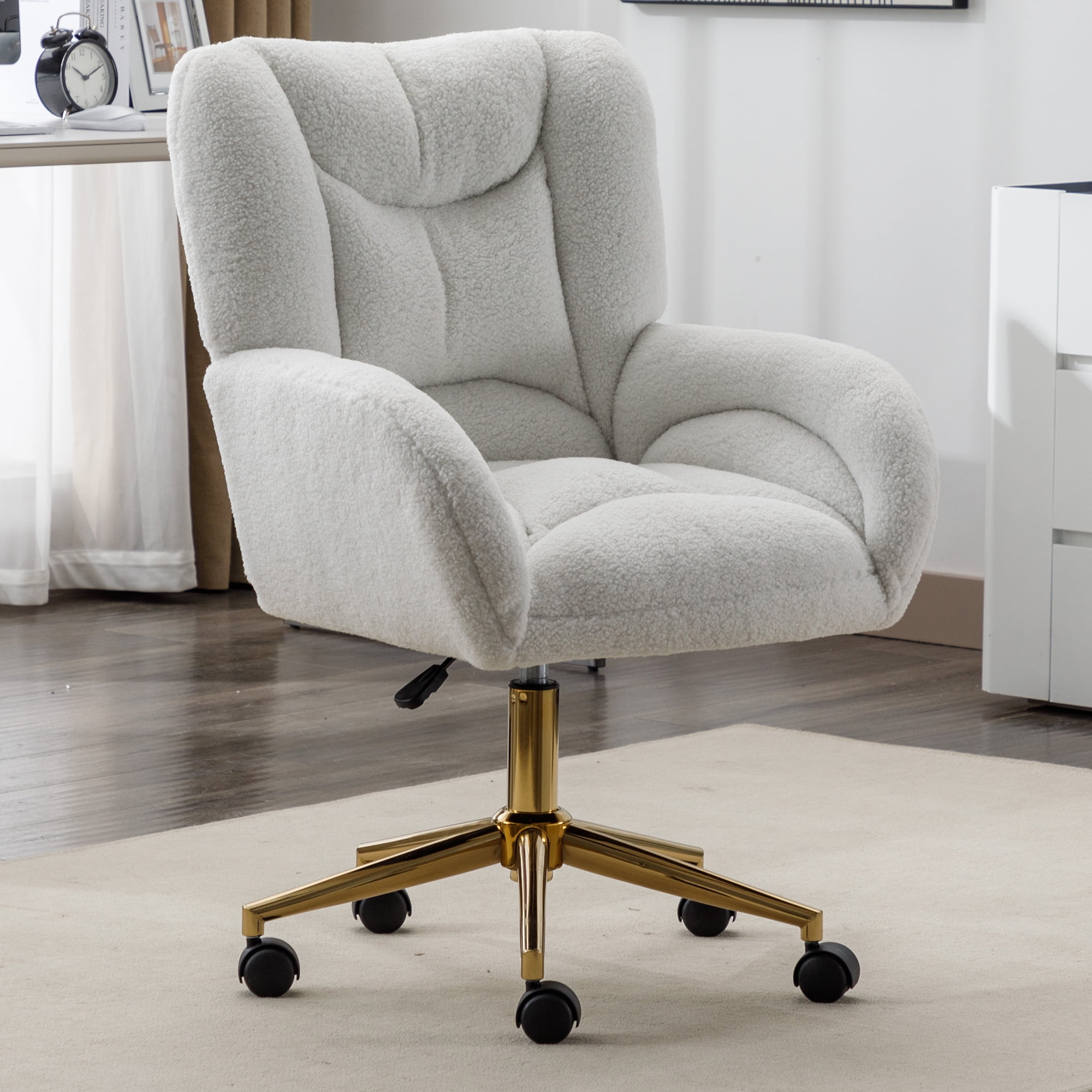 360° Swivel Ivory Teddy Fabric Home Office Chair with Gold Metal Base