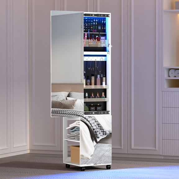 360° Swivel Jewelry Armoire, 63" Full Length Mirror with Jewelry Storage, LED 3 Color Dimmable Jewelry Organizer Armoire, Standing Jewelry Cabinet, Gift for Ladies