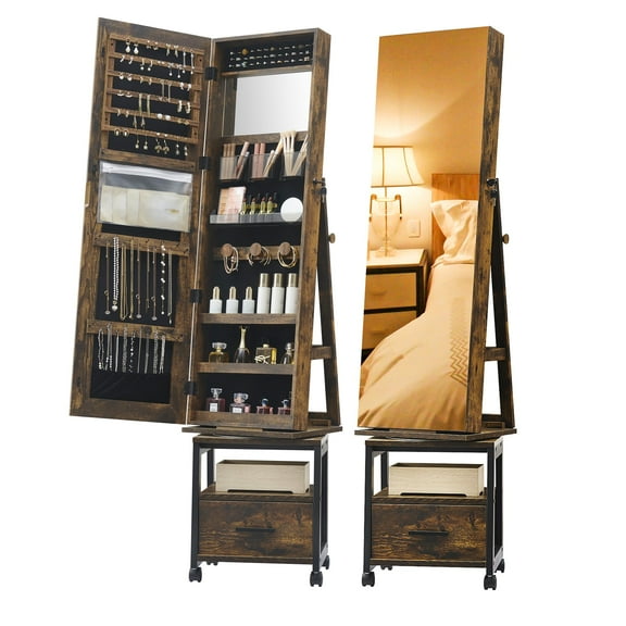 360° Swivel Jewelry Armoire, Floor Standing Locking with Full Length Mirror, Inside Makeup Mirror, Bottom Drawer, Rear Storage Shelves, Wheels, Cabinet with Large Storage Capacity