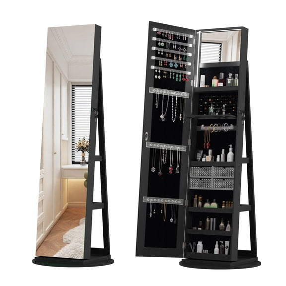 360°Swivel Jewelry Cabinet with Full Length Mirror, 360°Rotating Standing Jewelry Armoire Organizer, Lockable Storage Cabinet, Interior Lighted Mirror