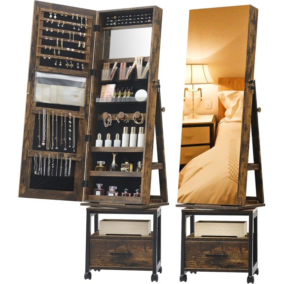 360° Swivel Jewelry Cabinet with Jewelry Storage, Lockable Standing Jewelry Organizer with Rotatable Full-Length Mirror, 1 Drawer and Wheels, Foldable Makeup Shelf, Jewelry Armoire,Gift Idea