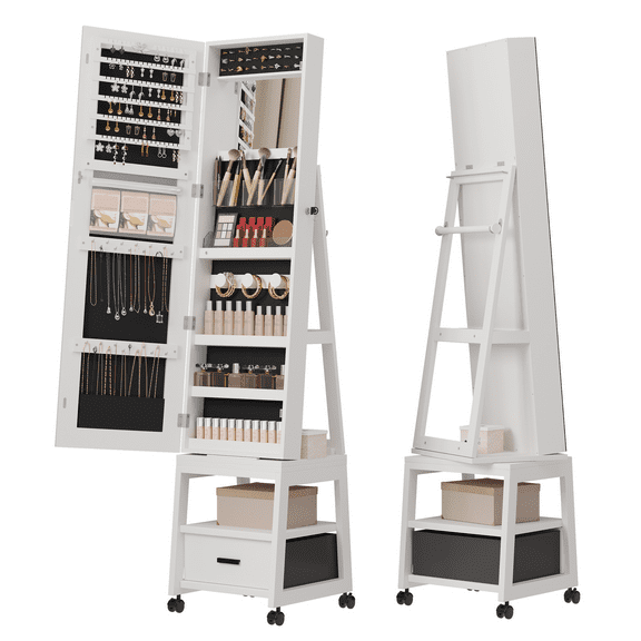 360° Swivel Jewelry Cabinet with LED Lights,Inside Makeup Mirror,Rotatable Full Length Mirror,Lockable Standing Jewelry Armoire Organizer with Drawer and Wheels