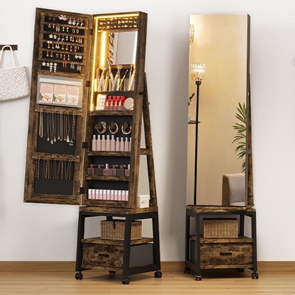 360° Swivel Jewelry Cabinet With Led Lights, Inside Makeup Mirror, Rotatable Full Length Mirror With Jewelry Storage,Lockable Standing Jewelry Armoire Organizer With Drawer and Wheels, Brown