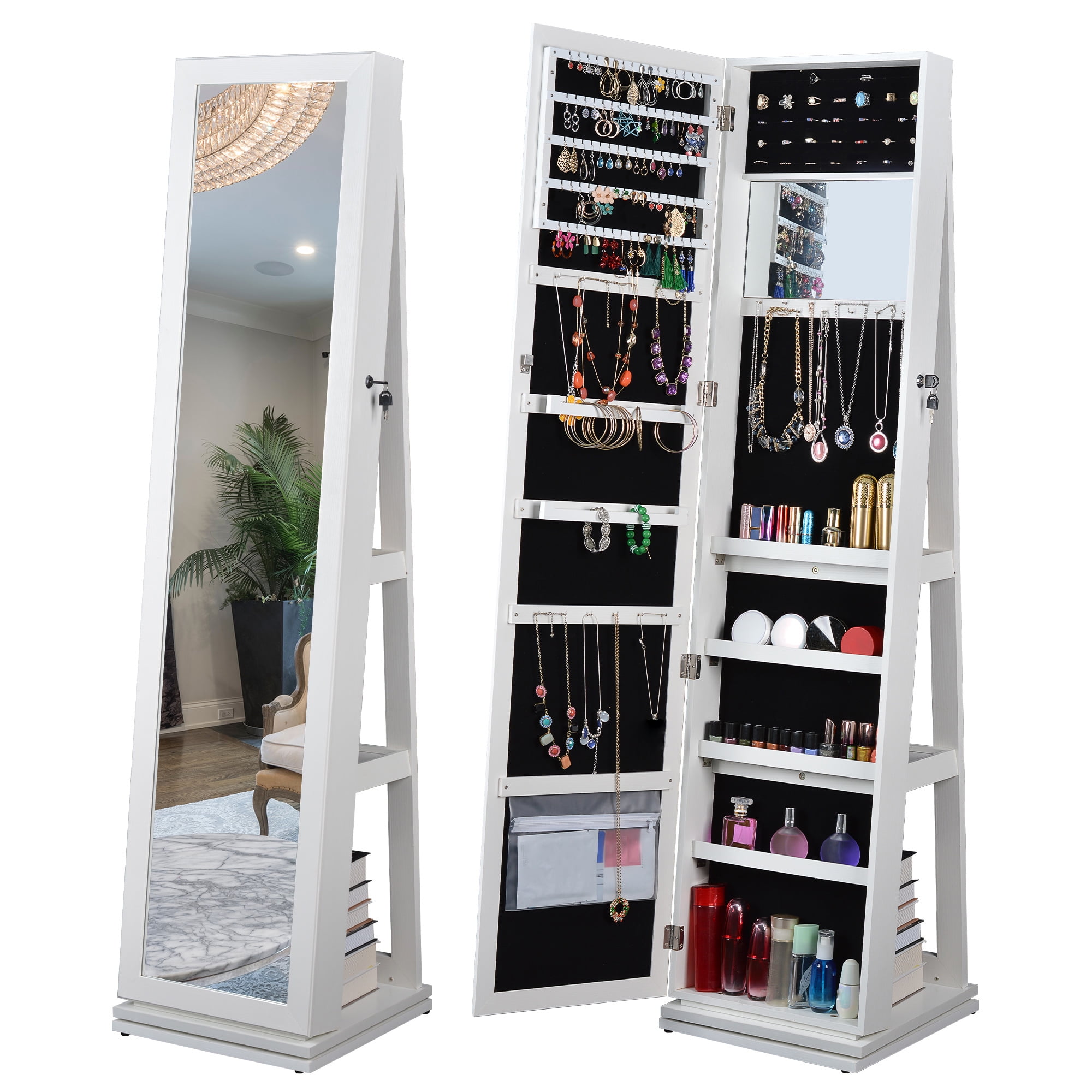 360??Swivel Jewelry Cabinet,Lockable Standing Jewelry Armoire with Full ...