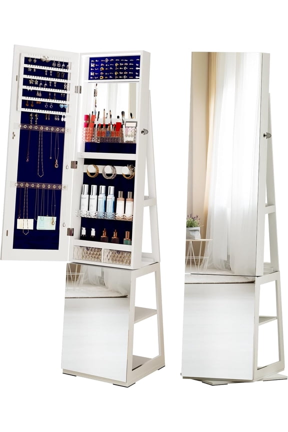 360° Swivel Jewelry Cabinet with Mirror Full-Length, Standing Mirror with Jewelry Storage Organizer, Jewelry Armoire with Mirror & Lights & 4-Tier Shelves, Gray