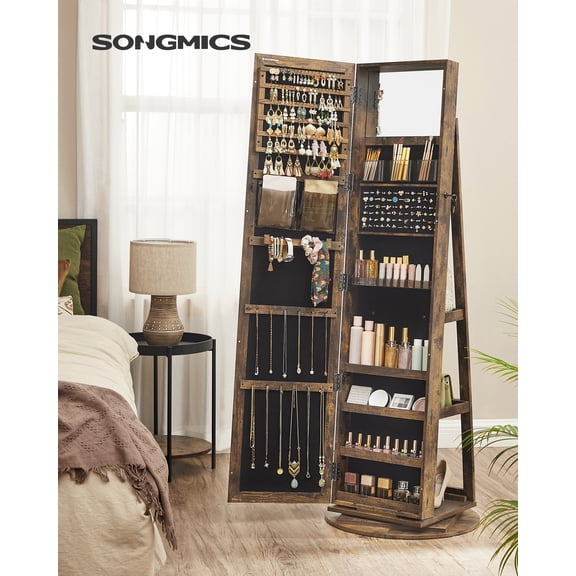 SONGMICS 360° Swivel Jewelry Cabinet, Lockable Jewelry Organizer with Full-Length Mirror, Rear Storage Shelves, Interior Mirror, Jewelry Armoire, Gift Idea, Rustic Brown