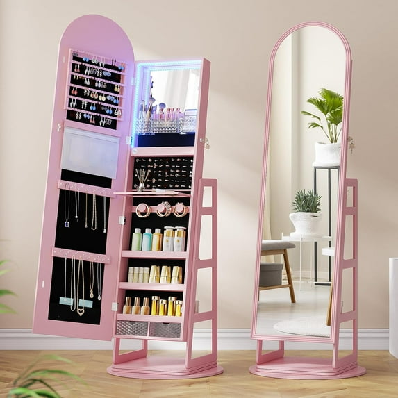 360° Swivel Jewelry Cabinet Standing with Storage, Jewelry Armoire Cabinet with Full Length Mirror and Lights, Large Jewelry Organizer Cabinet with Rear Storage Shelves, Gift for Women, Pink
