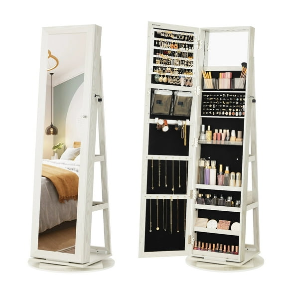 360° Swivel Jewelry Cabinet with Full Length Mirror Modern Adult Accessory Armoire, White