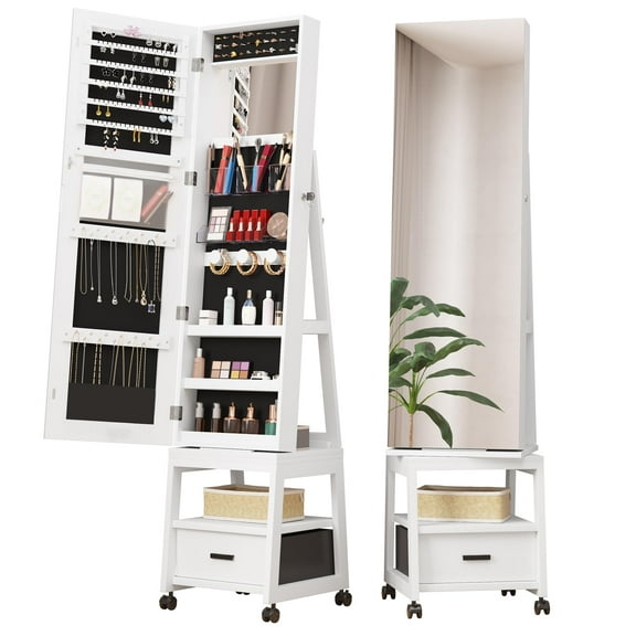 360° Swivel Jewelry Mirror Cabinet with Lights, Rotatable Full Length Mirror with Jewelry Storage, Standing Jewelry Armoire Organizer, Lockable with Drawer and Rear Storage Shelves
