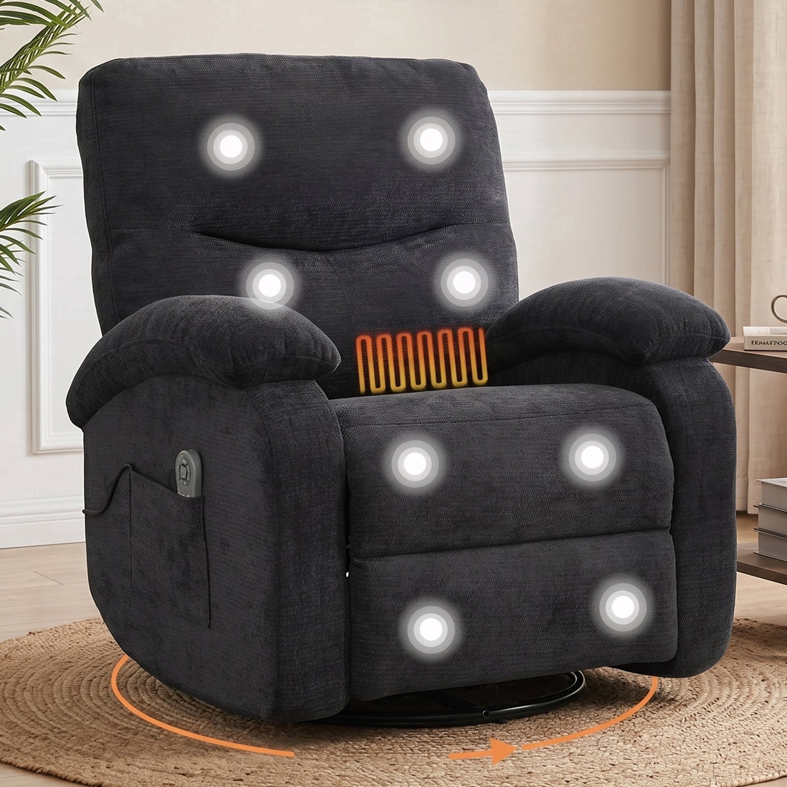360 Swivel Manual Recliner Chair with Heat and Massage, Overstuffed Comfy Ergonomic Recliner for Elderly Seniors, Lumbar Back Pain Relief w/Pockets, Home Theater Living Room, Black