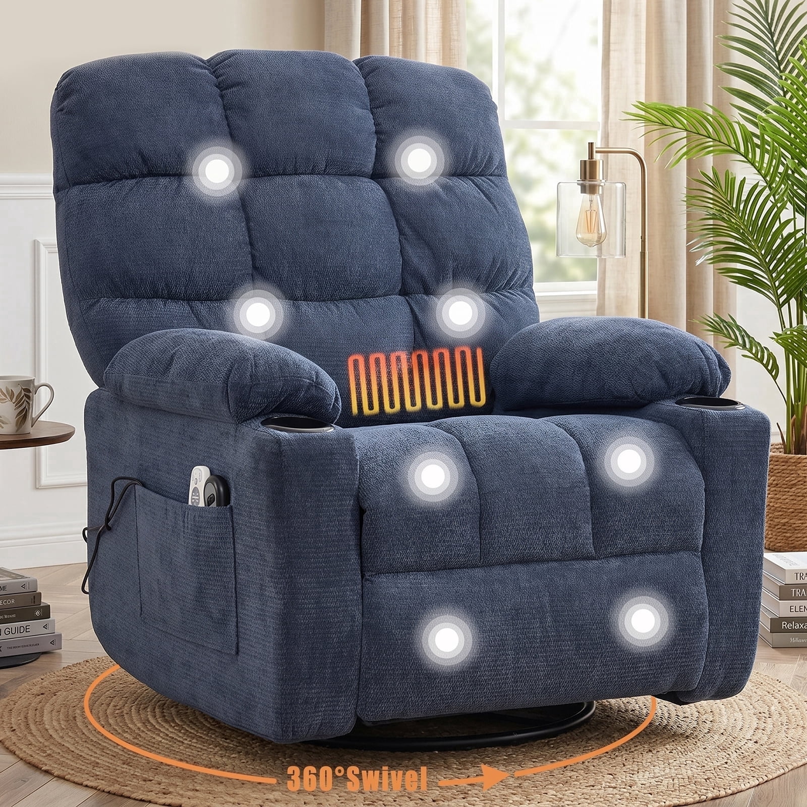 360 Swivel Manual Recliner Chair with Heat and Massage, Overstuffed Comfy Ergonomic Recliner for Elderly Seniors, Lumbar Back Pain Relief w/Pockets, Home Theater Living Room, Blue