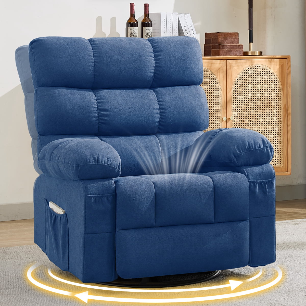 360° Swivel Manual Rocker Recliner Chair with Side and Front Pockets