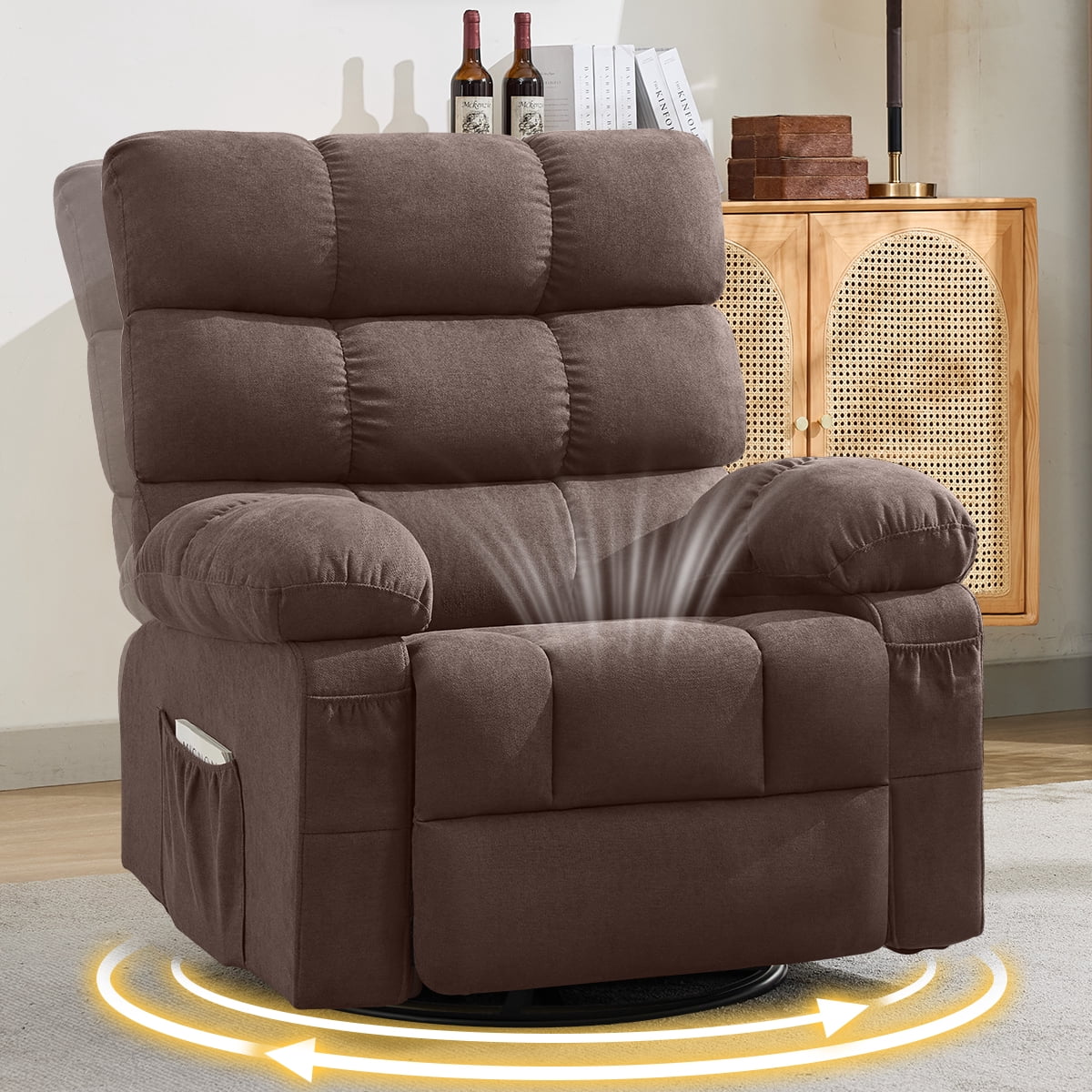 360° Swivel Manual Rocker Recliner Chair with Side and Front Pockets