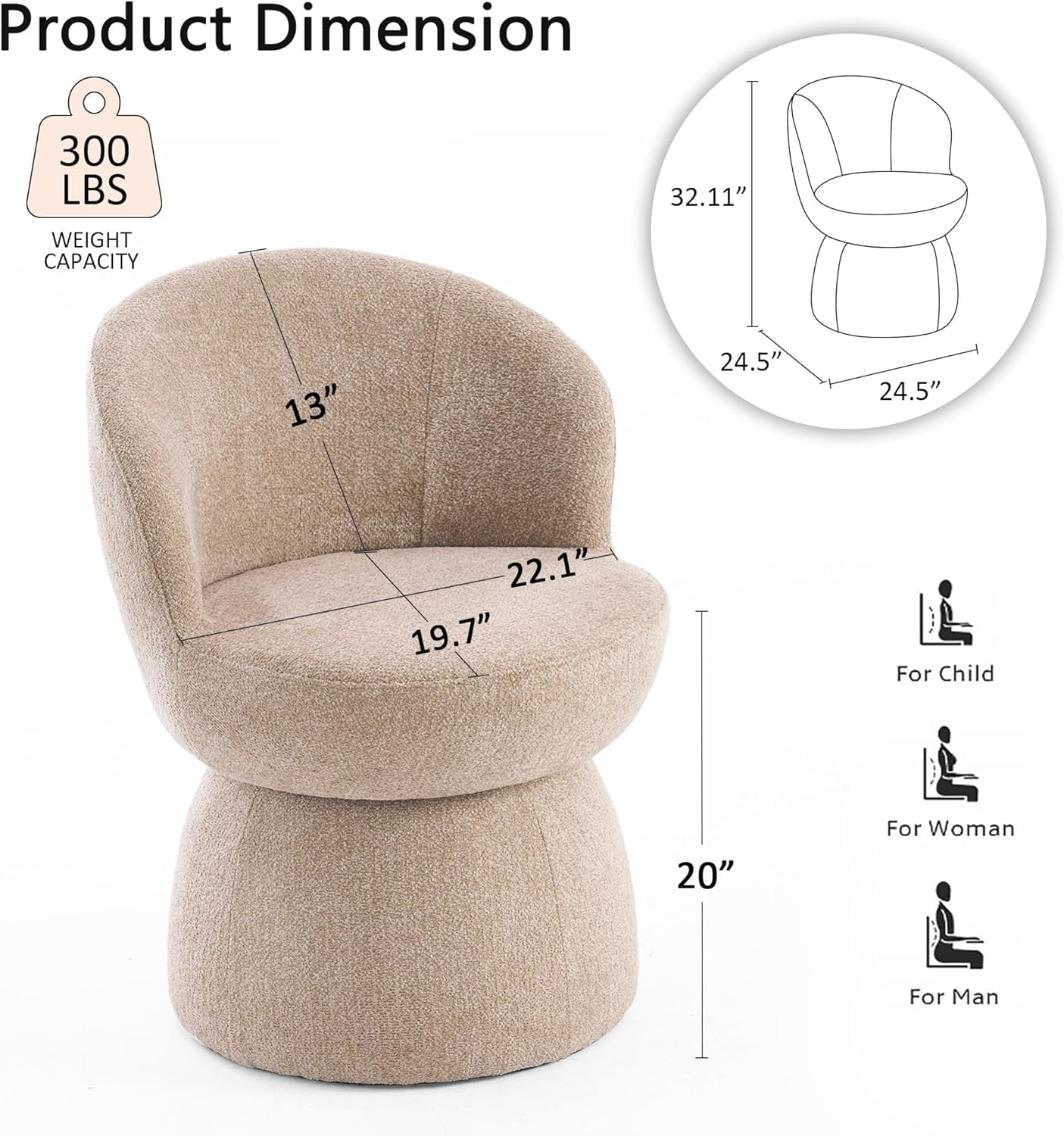 360° Swivel Modern Accent Chair Set of 2, Upholstered Living Room Chair