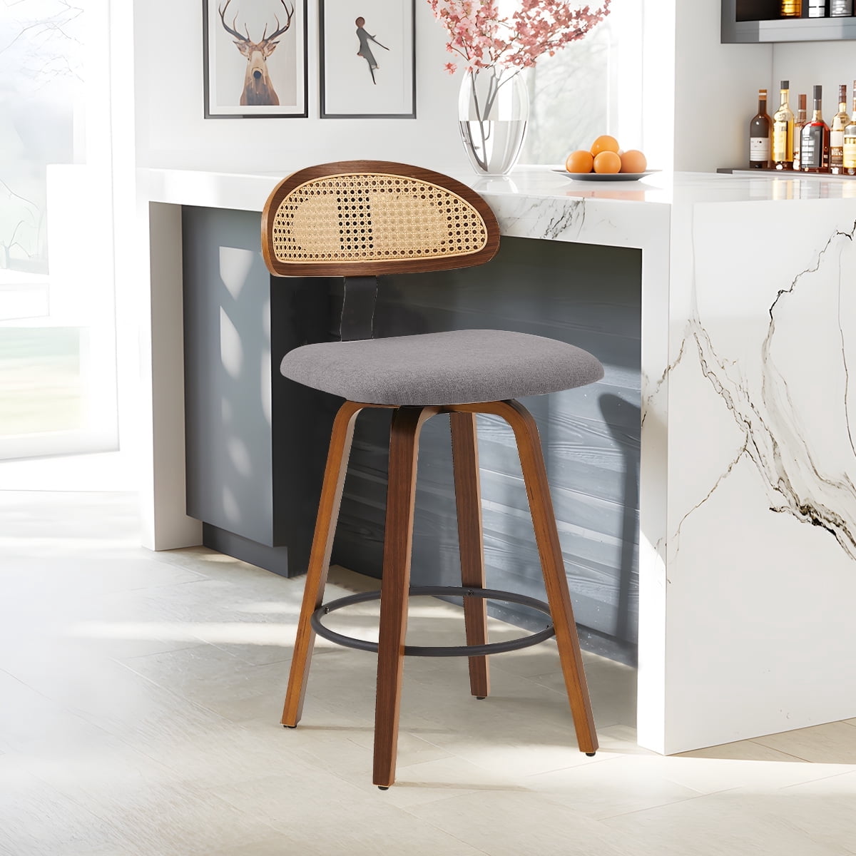 360° Swivel Rattan Bar Stools Set of 1, Counter Height Modern Kitchen Island Stools With Footrest, Uphostered Cushion, Comfortable Durable, Dark Grey