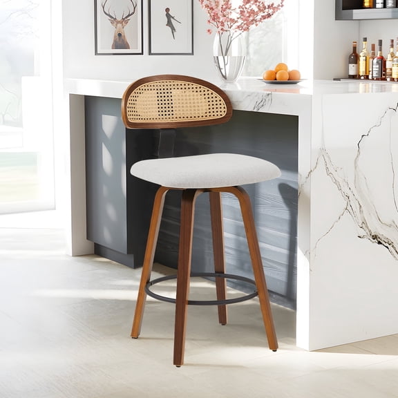 360° Swivel Rattan Bar Stools Set of 1, Counter Height Modern Kitchen Island Stools With Footrest, Uphostered Cushion, Comfortable Durable, Grey