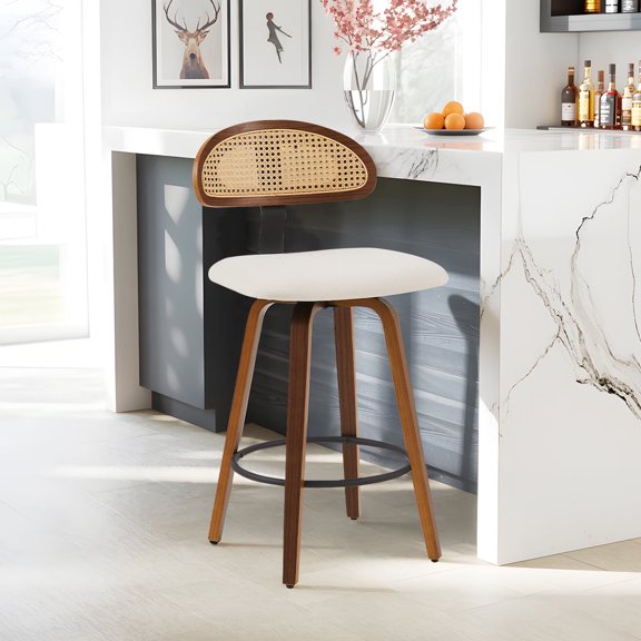 360° Swivel Rattan Bar Stools Set of 1, Counter Height Modern Kitchen Island Stools With Footrest, Uphostered Cushion, Comfortable Durable, White