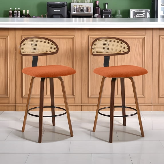 360° Swivel Rattan Bar Stools Set of 2, Counter Height Modern Kitchen Island Stools With Footrest, Uphostered Cushion, Comfortable Durable, Brown