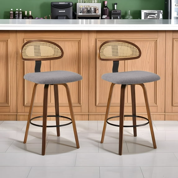 360° Swivel Rattan Bar Stools Set of 2, Counter Height Modern Kitchen Island Stools With Footrest, Uphostered Cushion, Comfortable Durable,Dark Grey