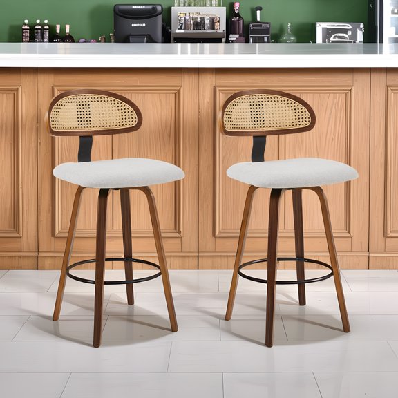 360° Swivel Rattan Bar Stools Set of 2, Counter Height Modern Kitchen Island Stools With Footrest, Uphostered Cushion, Comfortable Durable, Grey