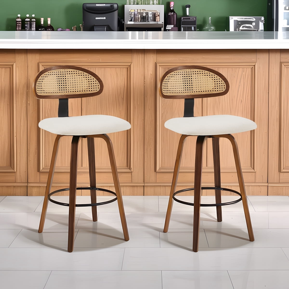 360° Swivel Rattan Bar Stools Set of 2, Counter Height Modern Kitchen Island Stools With Footrest, Uphostered Cushion, Comfortable Durable, White