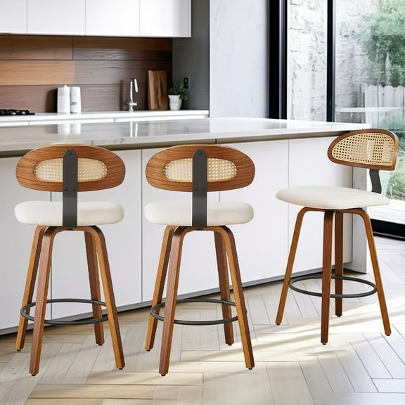 360° Swivel Rattan Bar Stools Set of 3, Counter Height Modern Kitchen Island Stools With Footrest, Uphostered Cushion, Comfortable Durable, White
