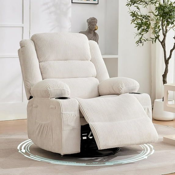 360° Swivel Recliner Chair for Adults, Corduroy Rocking Glider with 3 Recline Positions, 2 Side Pockets & Cup Holders, for Nursery, Bedroom, Living Room, Beige