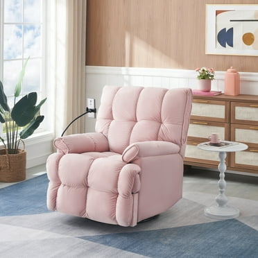 360° Swivel Recliner Chair for Adults, Upholstered Manual Reclining Chair with Phone Holder and Adjustable Backrest, Lazy Boy Single Sofa for Living Room, Pink
