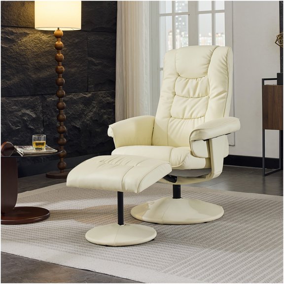 360 Swivel Recliner Chair with Ottoman, PU Leather Massage Lounge Chair with Heating, 5 Vibration Modes & 140 Recline for Living Room, Office, Beige