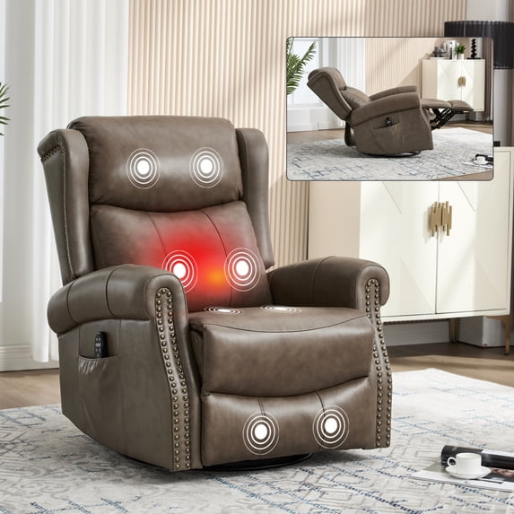 360° Swivel Recliner Chair Rocker with Massage and Heating for Elderly, Genuine Leather Lounge Single Sofa with Adjustable Footrest and Backrest, Grey