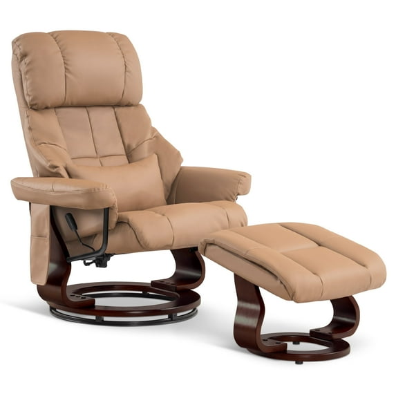 MCombo 360° Swivel Recliner with Ottoman, Lumbar Pillow, Vibration Massage Reclining Chair, Faux Leather(Cognac)