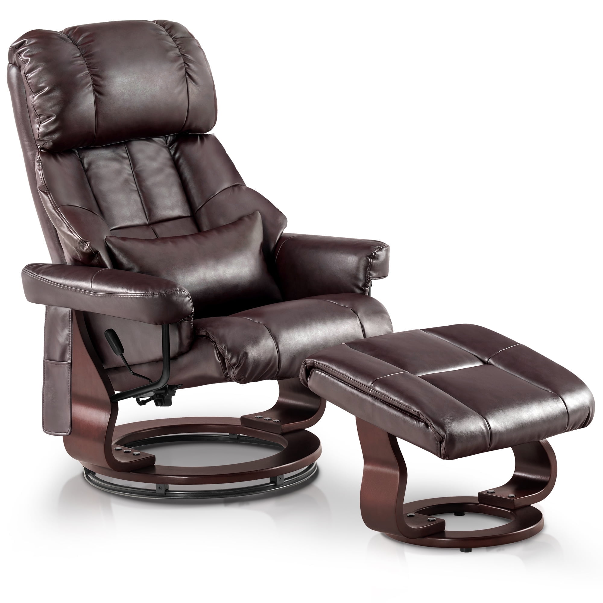 MCombo 360° Swivel Recliner with Ottoman, Lumbar Pillow, Vibration Massage Reclining Chair, Faux Leather(Dark Brown)
