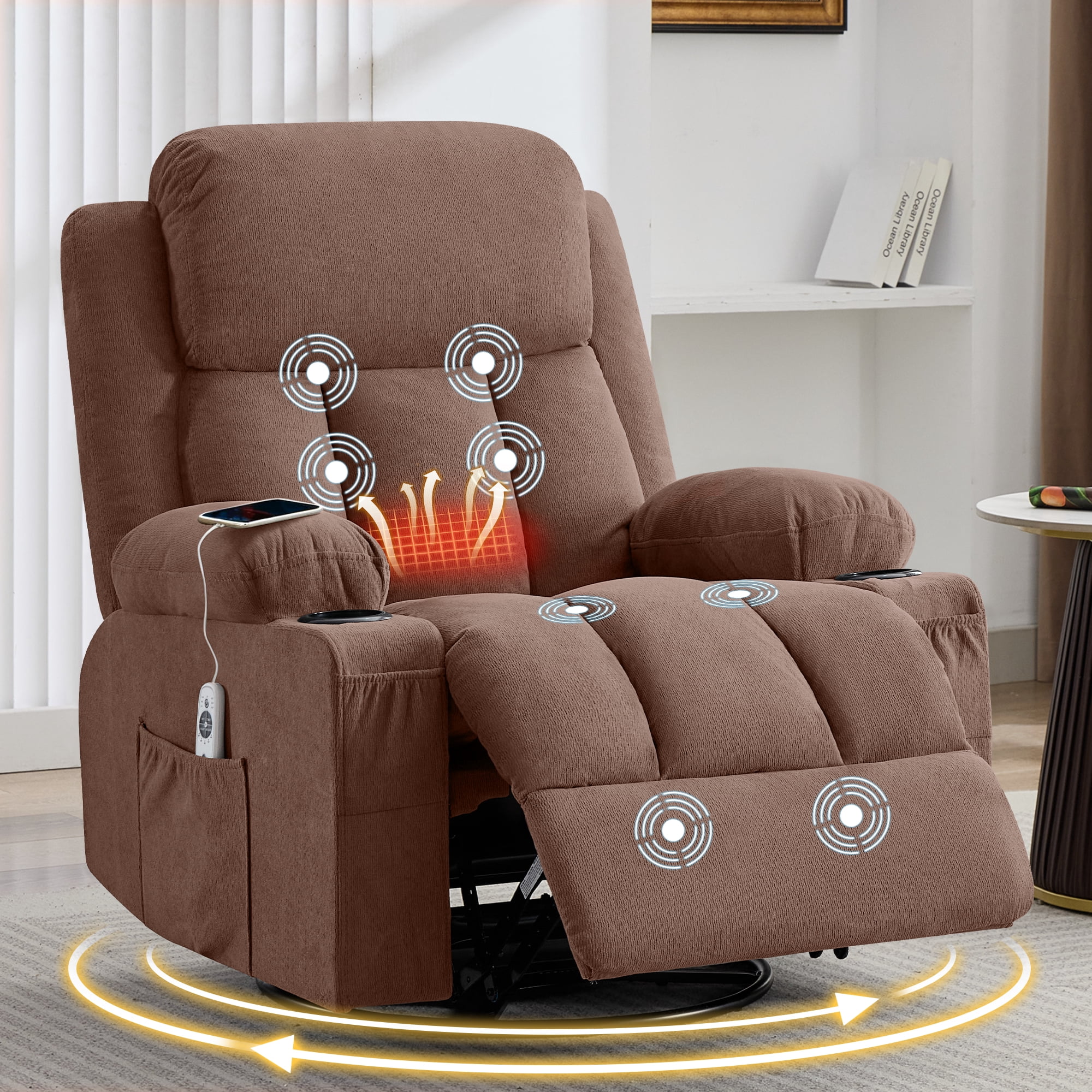 360° Swivel Rocker Manual Recliner Chair with Heat, Massage, USB Charge Port, cup holders