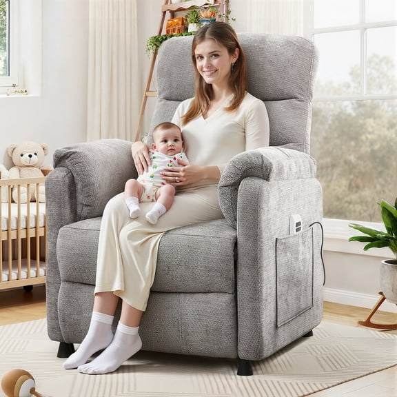 Electric Power Recliner Chair, Modern Chenille Fabric Recliner with Side Pocket & Remote, Nursery Recliner Chair for Living Room Small Space, Gray