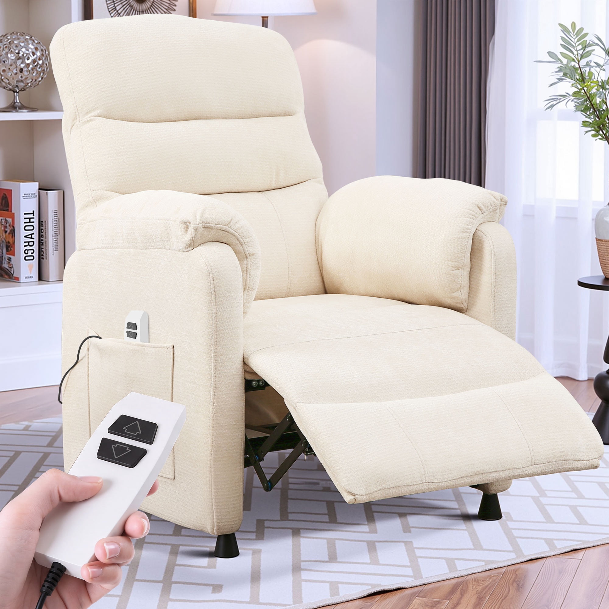 Power Recliner Chair, Holaki Electric Power Recliner with Side Pocket and Remote, Modern Chenille Fabric Recliner Chairs for Adults, Small Recliner for Small Space Nursery Living Room, Beige