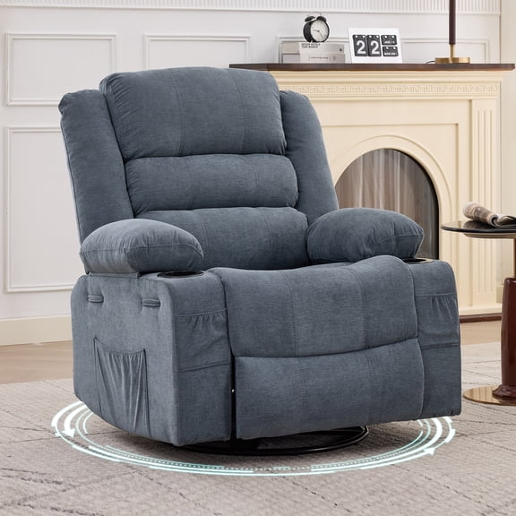 360° Swivel Rocker Recliner Chair for Adults, Rocking Manual Glider Sofa with 3 Positions, 2 Cup Holders, 4 Pockets for Nursery, Living Room, Bedroom, Office, Reading Nook