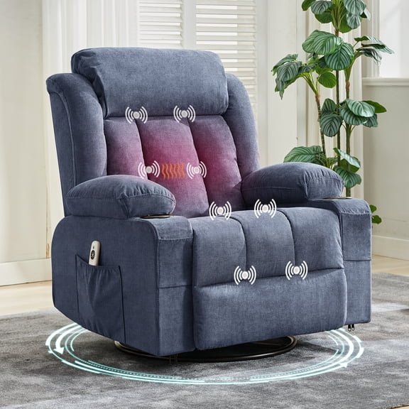 360° Swivel Rocker Recliner Chair with Heat and Massage, 3 Positions, USB Ports, Side Pockets, Cup Holders, for Living Room, Bedroom