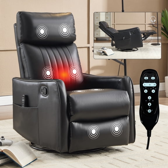 360 Swivel Rocking Recliner Chair for Adults, Nursery Rocking Chair with Heat and Massage, Glider Reclining Chair for Small Space, Living Room, Bedroom (PU, Black)