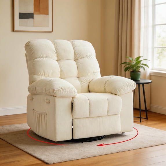 360° Swivel Rocking Recliner, Upholstered Fabric Glider Nursery Chair with Side Pockets, Q235 Steel Frame for Living Room Small Spaces, Beige