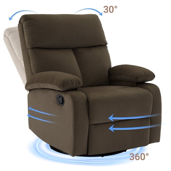 360° Swivel Rocking Recliner for Adults, Micro Velboa Rocker Recliner Chair for Living Room, Manual Single Sofa Recliner for Apartment - Dark Brown